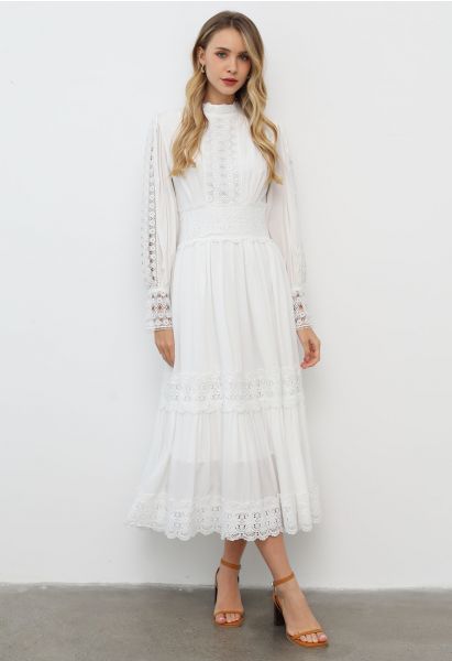 Victorian Elegance Cutwork Lace Maxi Dress in White