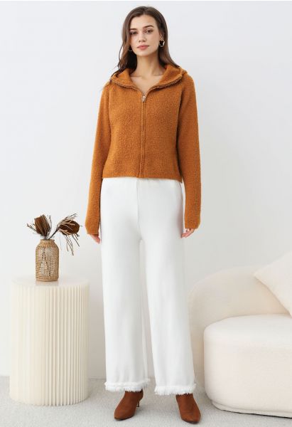 Casual Tie-String Fringed Knit Pants in White