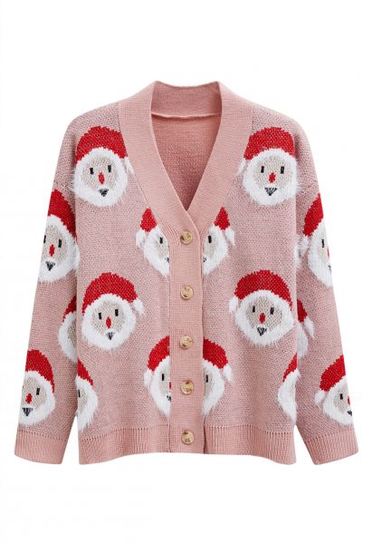 Fuzzy Santa Claus Button Down Knit Cardigan in Pink