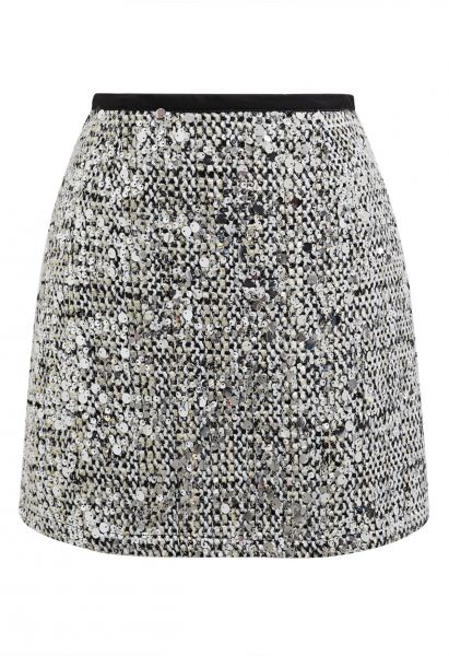 Silver Sequin Embellishment Tweed Mini Skirt