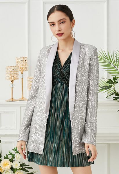 Dazzling Sequin Open Front Shawl Blazer in Silver