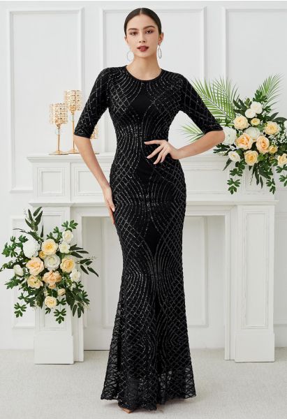 Opulent Geometry Sequin Mermaid Gown in Black