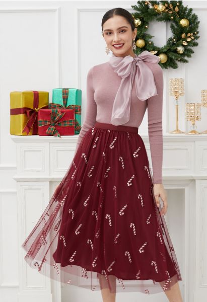 Shimmer Candy Cane Mesh Tulle Midi Skirt in Burgundy