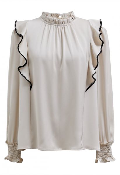 Black Stitch Ruffle Puff Sleeve Shirt in Sand