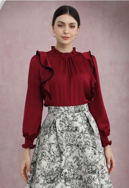 Black Stitch Ruffle Puff Sleeve Shirt in Red