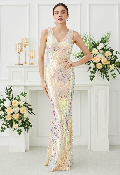 Iridescent Sequin V-Neck Mermaid Sleeveless Gown in Cream