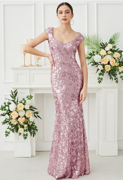 Floral Sequin Sweetheart Neck Mermaid Gown in Lilac