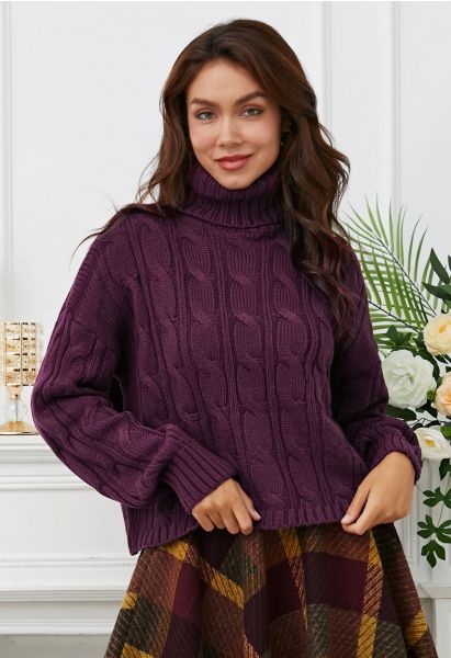 Turtleneck Braid Knit Crop Sweater in Berry