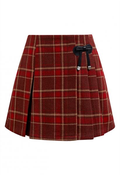 Bowknot Decorated Plaid Mini Skirt in Red