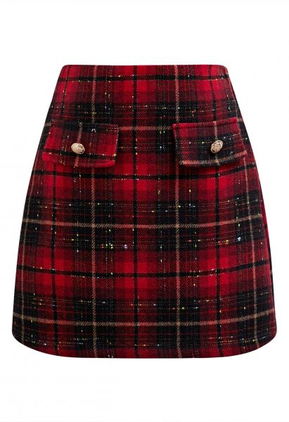 Flickering Plaid Mini Bud Skirt in Red