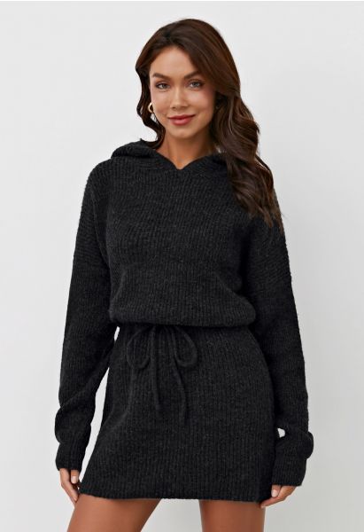 Drawstring Waist Hooded Ribbed Knit Sweater Dress in Black