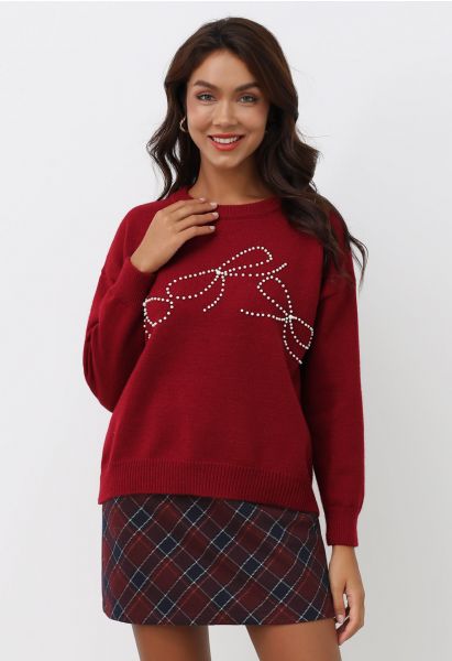 Adorable Bowknot Pearl Trim Knit Sweater