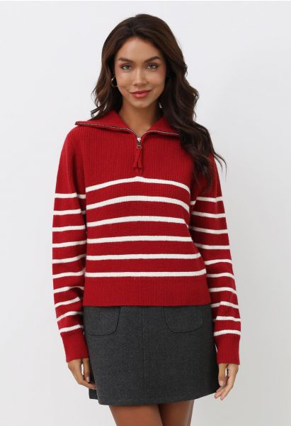 Flap Collar Zipper Neck Striped Knit Sweater in Red