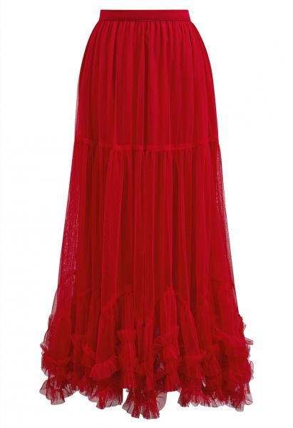 Ruffle Hem Double-Layered Mesh Maxi Skirt in Red