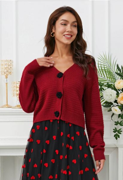 Stitch Rose Buttoned Crop Knit Cardigan in Red