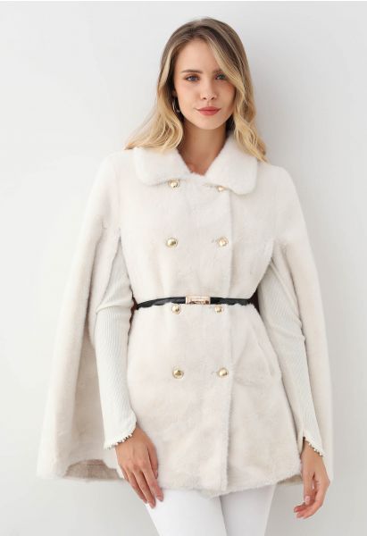 Collared Double-Breasted Faux Fur Cape Coat in Ivory