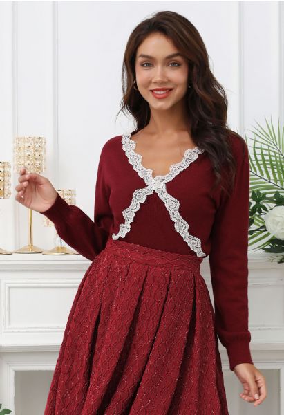 Lace Trim V-Neck Knit Top in Red