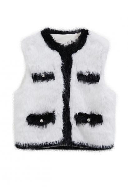 Contrast Color Faux Fur Vest in White