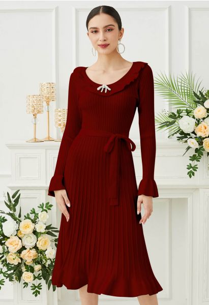 Ruffle Charm Tie Sash Ribbed Knit Dress in Red