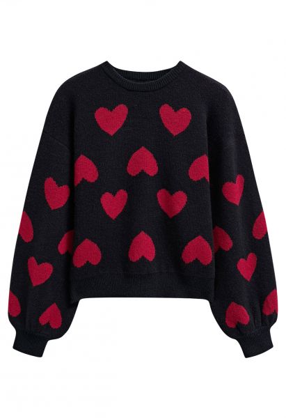 Cherished Heart Puff Sleeves Knit Sweater in Black