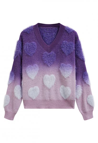 Ombre Fuzzy Heart Fringe Knit Sweater in Purple