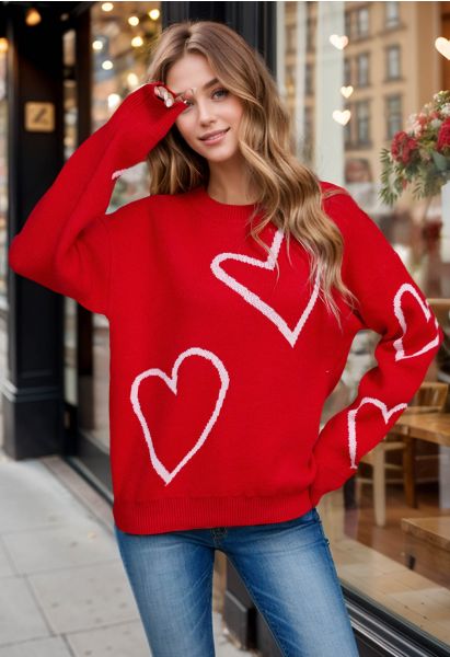 Heart Doodles Crew Neck Knit Sweater in Red