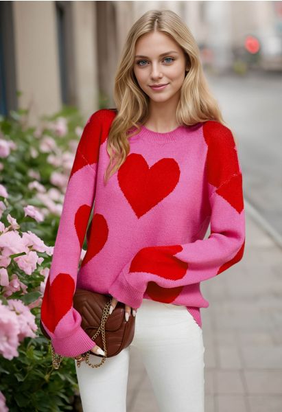 Soulful Heart Crew Neck Knit Sweater in Hot Pink