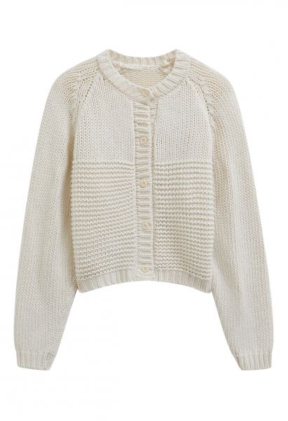 Chunky Buttoned Garter Stitch Knit Cardigan in Ivory