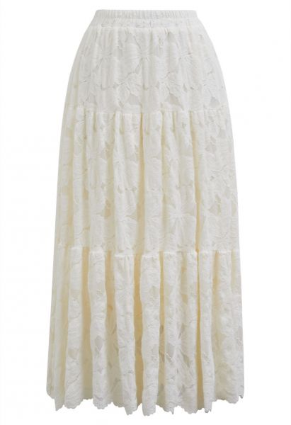 Fuzzy Floral Lace Midi Skirt in Cream