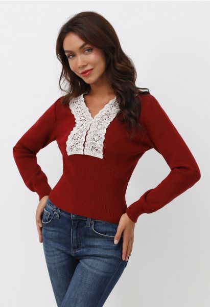 Lace Trim Fitted Knit Top in Red