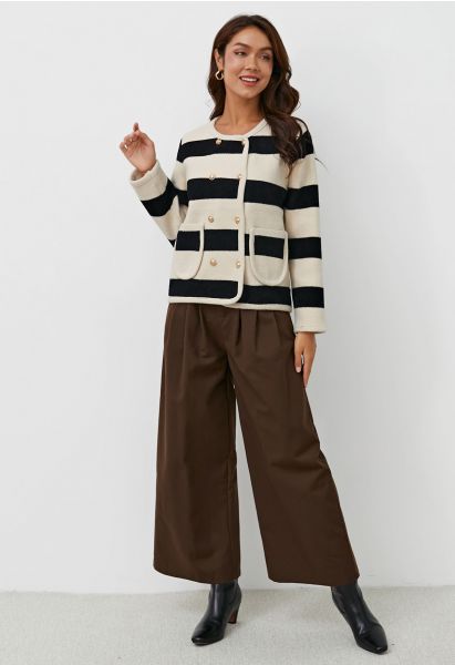 Modern Look Side Pocket Pleats Palazzo Pants in Brown