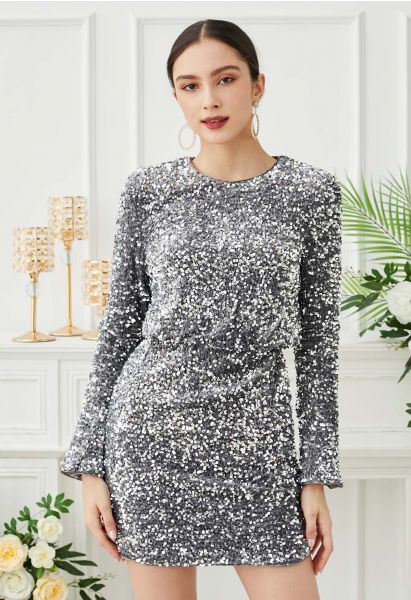 Glistening Silver Sequins Flare Cuffs Velvet Bodycon Dress