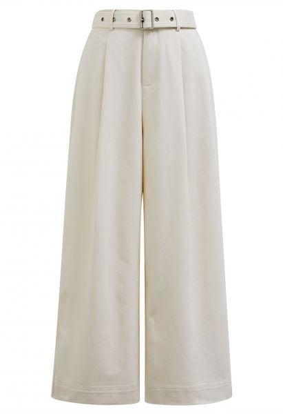 Urban-Casual Pleats Wide-Leg Pants with Belt in Ivory