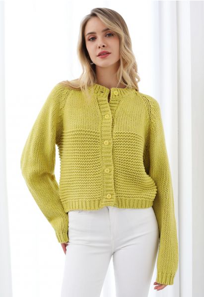 Chunky Buttoned Garter Stitch Knit Cardigan in Lime