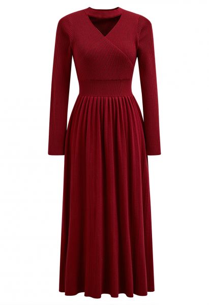 V-Shape Cutout Faux-Wrap Knit Midi Dress in Red