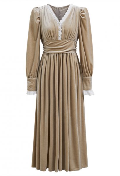 V-Neck Eyelet Embroidery Velvet Midi Dress in Light Tan