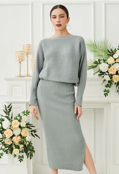 Two-Way Wear Crisscross Knit Top and Skirt Set in Sage