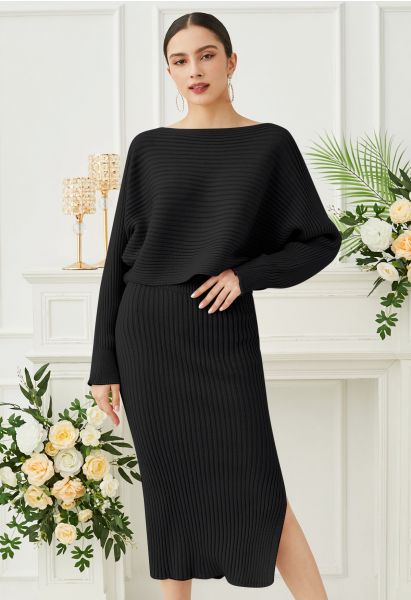 Boat Neck Ribbed Knit Top and Skirt Set in Black