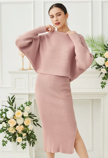 Boat Neck Ribbed Knit Top and Skirt Set in Pink