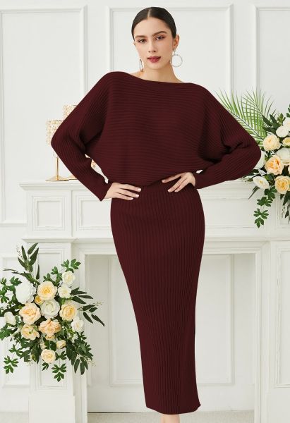 Two-Way Wear Crisscross Knit Top and Skirt Set in Burgundy