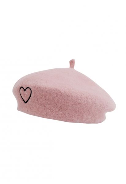 Embroidered Heart Wool-Blend Beret in Pink