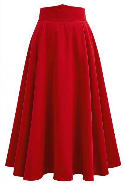 Solid Red High-Waist A-Line Midi Skirt