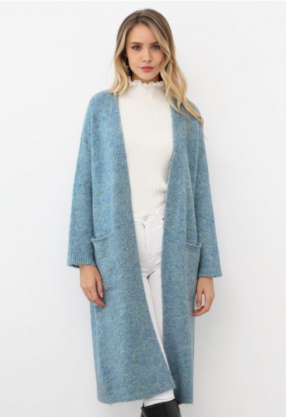 Mix-Knit Fuzzy Longline Cardigan in Blue