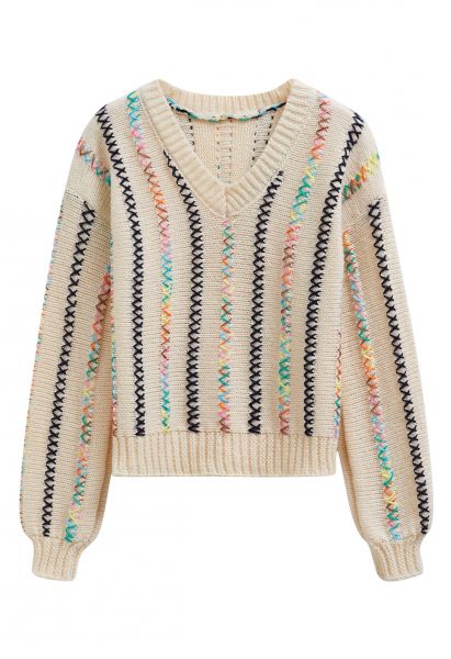 V-Neck Colorful X-Stitch Knit Sweater