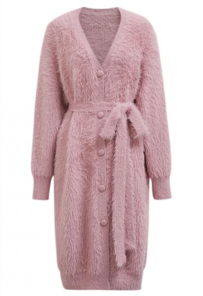 Tie Waist Button Fluffy Knit Longline Cardigan in Dusty Pink