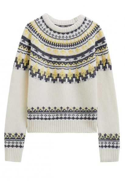 Nordic-Inspired Fair Isle Knit Sweater in Cream