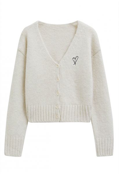 Cozy Heart V-Neck Buttoned Knit Cardigan in Ivory