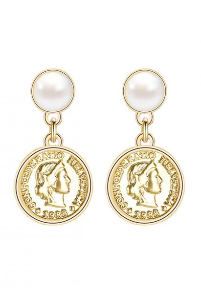 Vintage Gold Coin Pearl Drop Eearrings