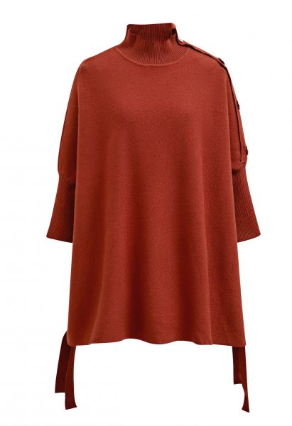 Side Button Mock Neck Knit Poncho