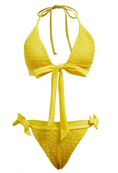 Lemon Glow Embossed Halter Bikini Set